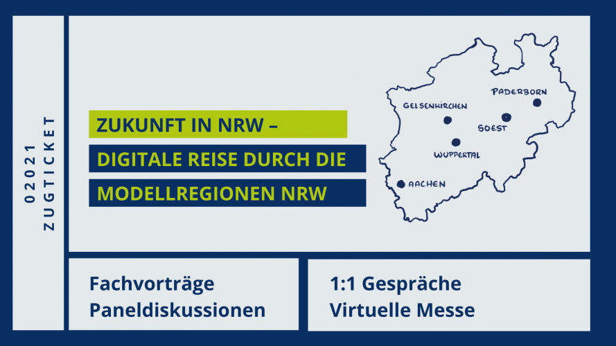 Einladung zur Veranstaltung »Zukunft in NRW – Digitale Reise durch die Modellregionen Nordrhein-Westfalens« des MWIDE und des KDN.